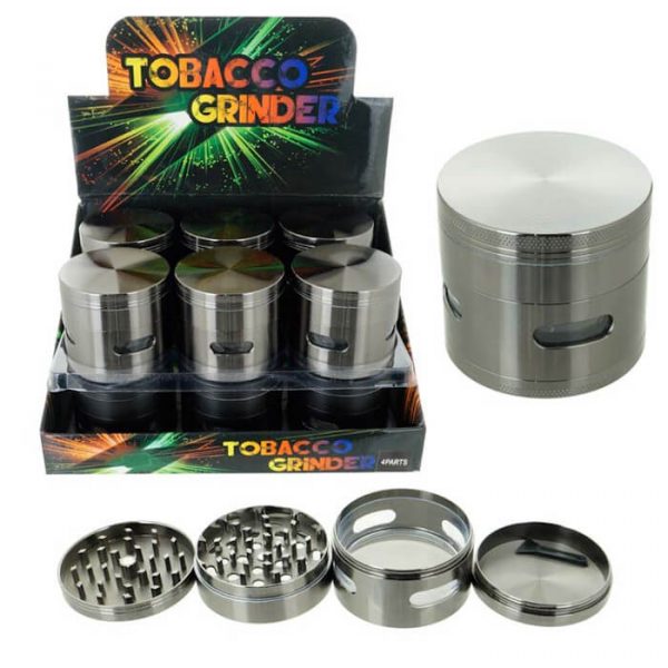 TOBACCO GRINDER GUNMETAL WITH WINDOW 4 PARTS GR141-63GM BOX OF 12