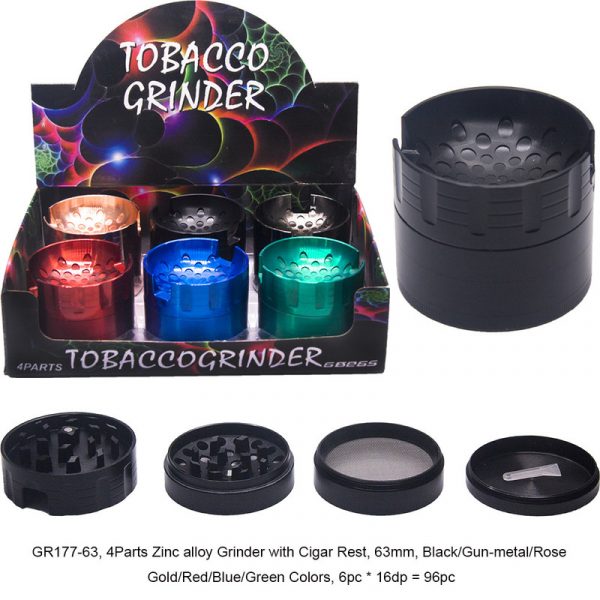 TOBACCO GRINDER ASSORTED COLOR 63MM 4 PARTS GR177-63 BOX OF 6