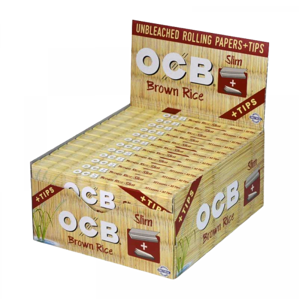 OCB BROWN RICE SLIM UNBLEACHED ROLLING PAPERS + TIPS BOX OF 24