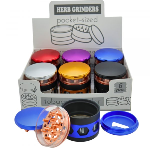 HERB GRINDERS POCKET-SIZED 4 PARTS TOBACCO GRINDER WITH ROMAN NUMERALS #DK5200-4 BOX OF 6